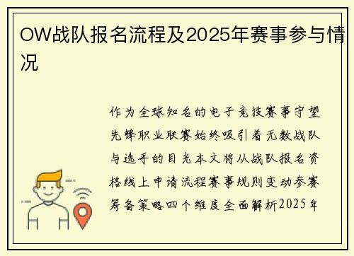 OW战队报名流程及2025年赛事参与情况