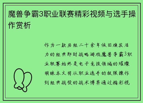 魔兽争霸3职业联赛精彩视频与选手操作赏析